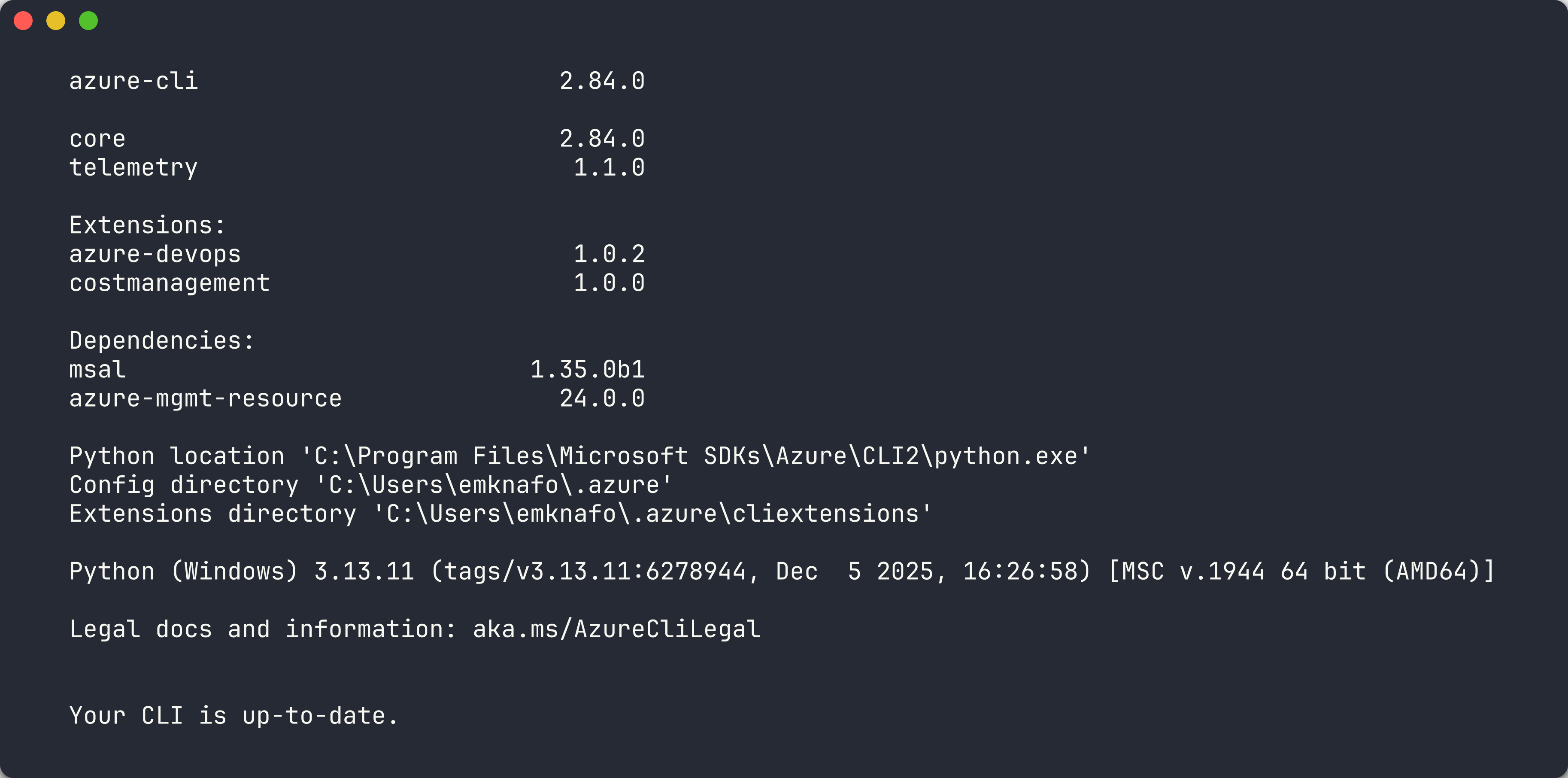 Azure CLI version output