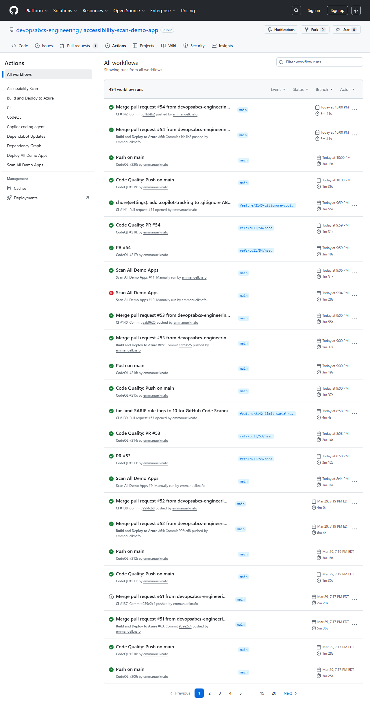 GitHub Actions runs page