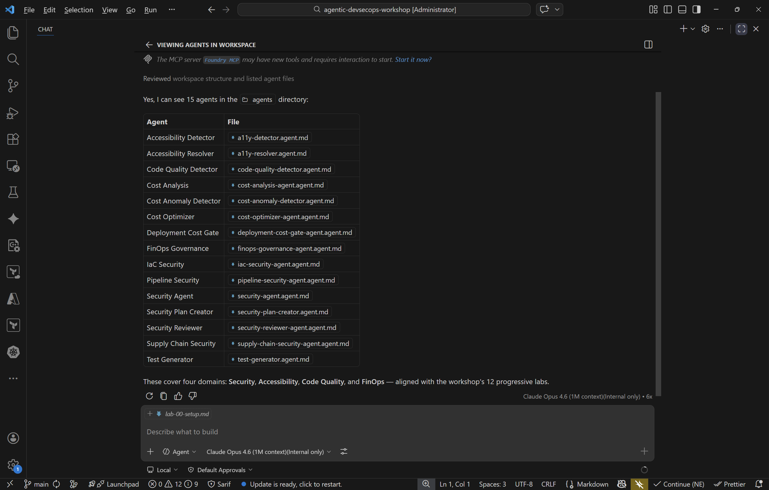 Copilot Chat panel showing successful agent list