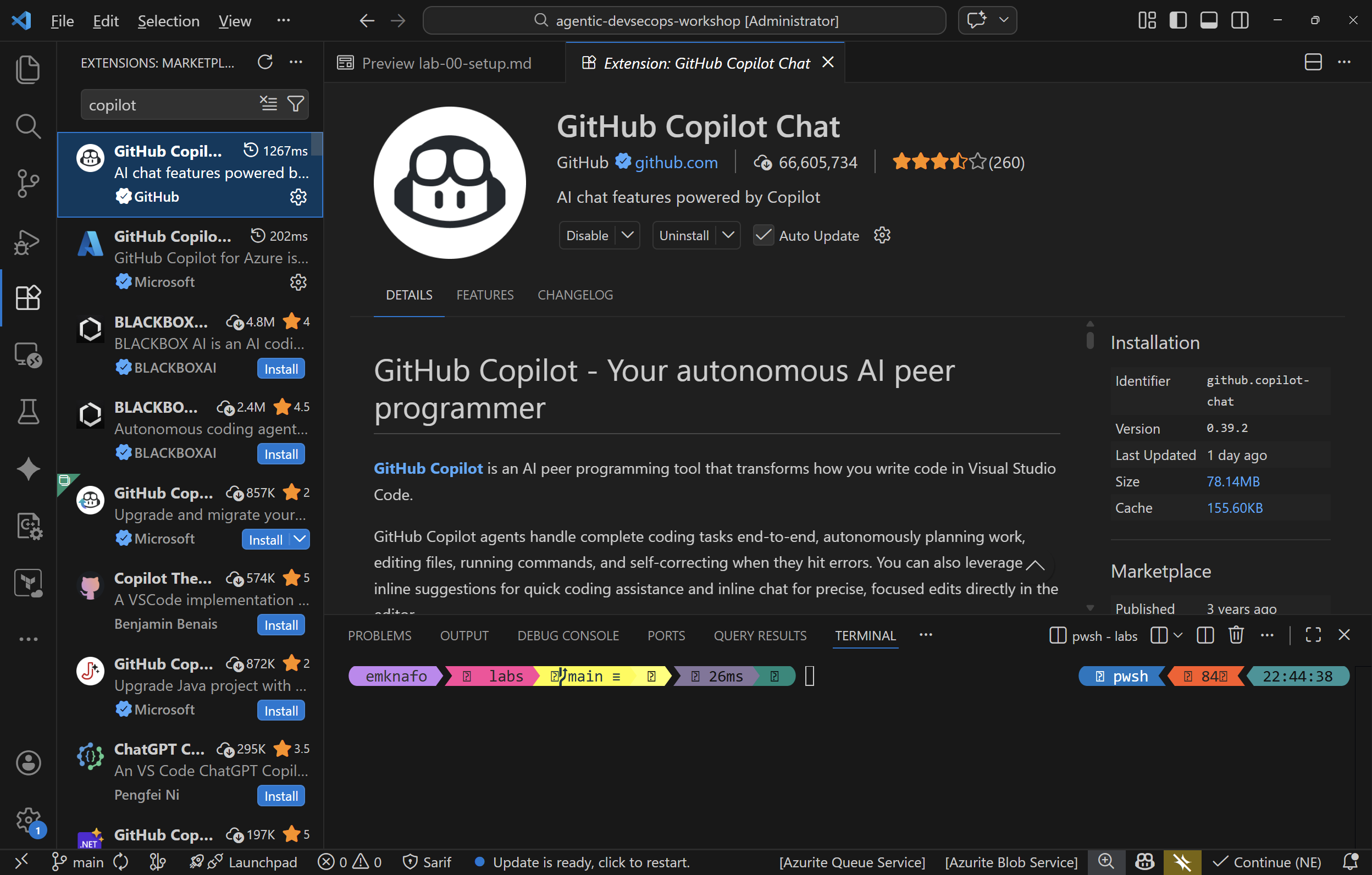 VS Code extensions panel with 4 required extensions installed