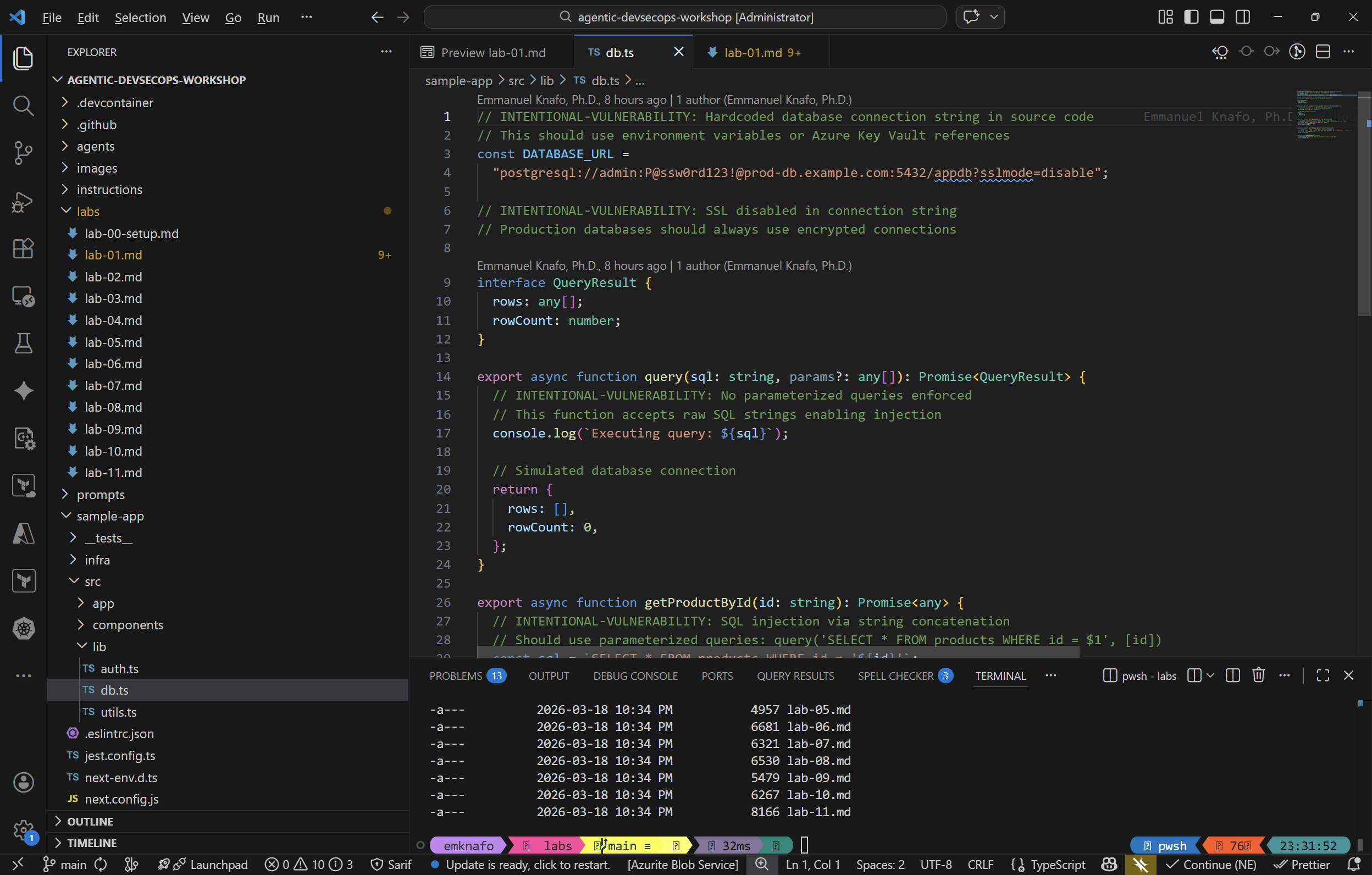 Code editor showing intentional vulnerability