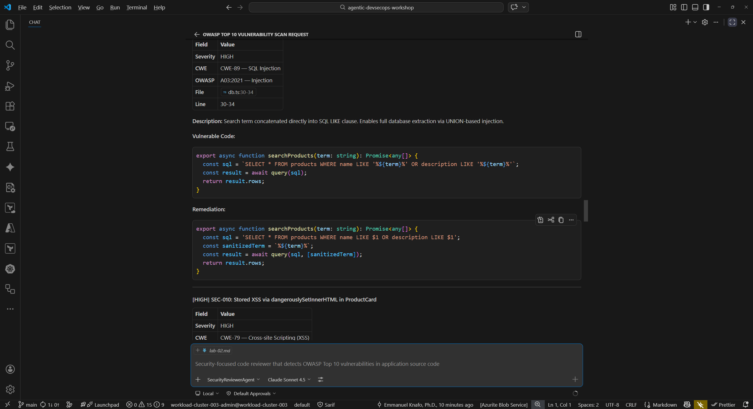 Security reviewer agent output in Copilot Chat