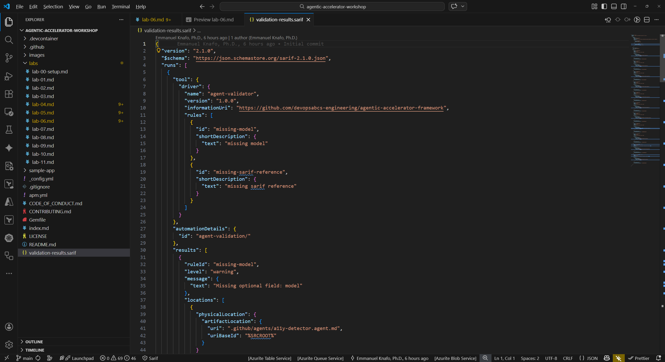 SARIF JSON file open in VS Code editor