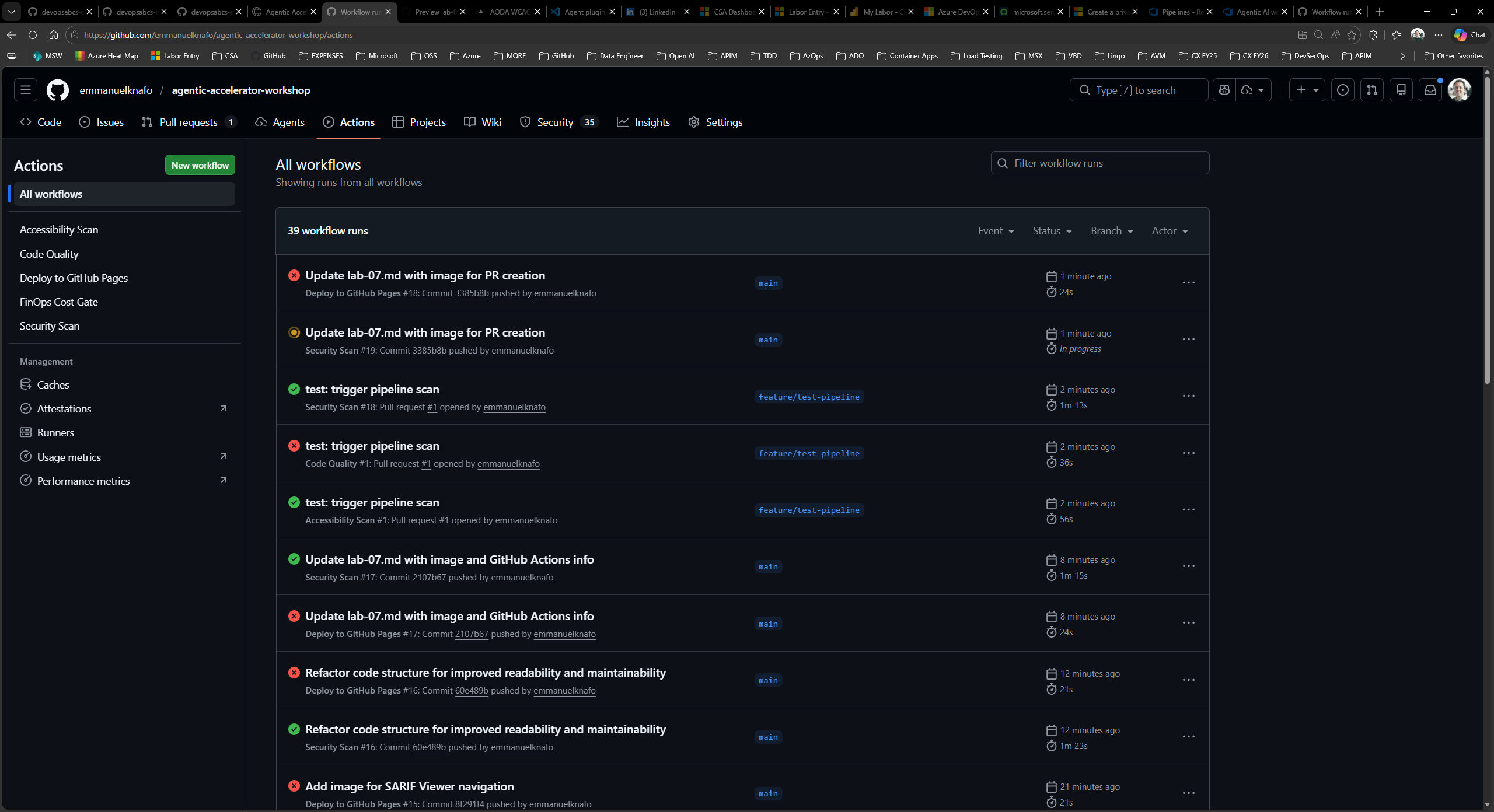 Actions tab showing running workflows