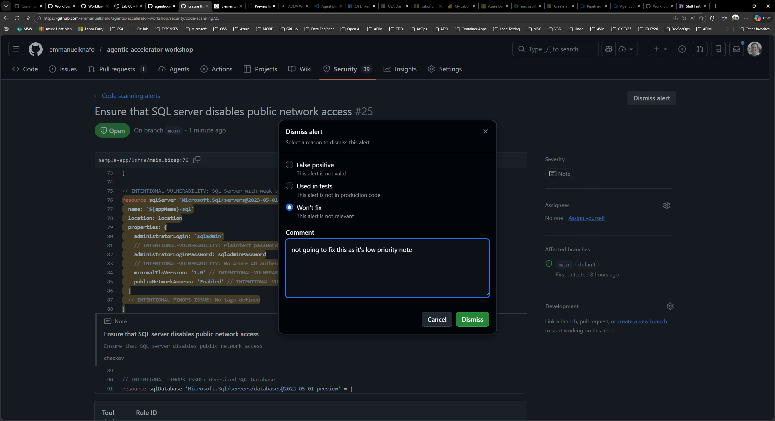 Alert dismiss and issue creation dialog