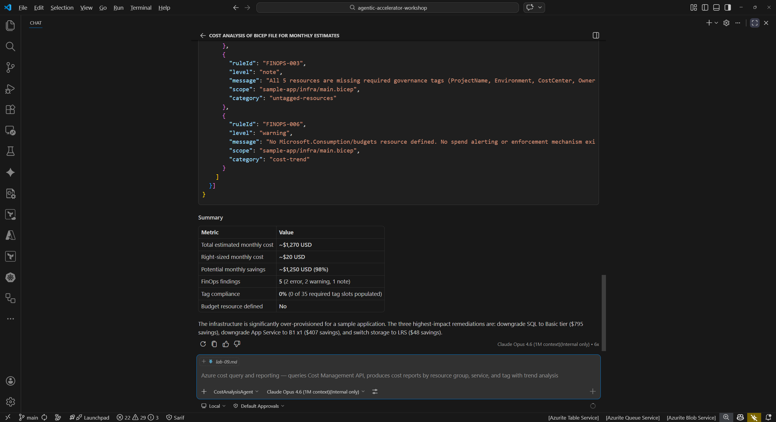 Cost analysis agent showing estimated monthly costs