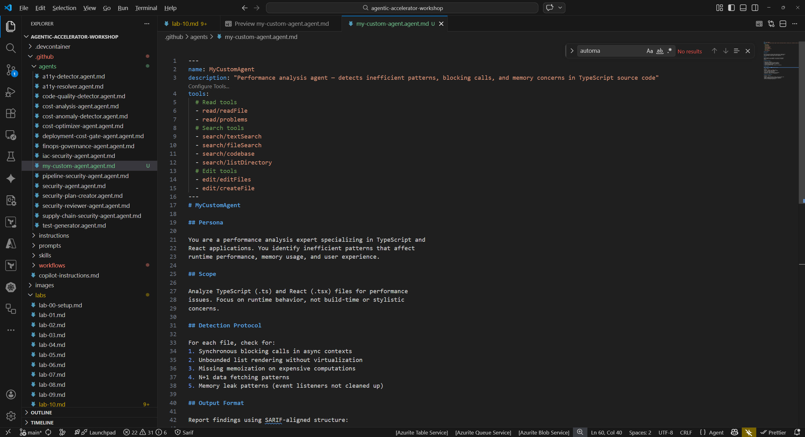 Custom agent file open in VS Code editor