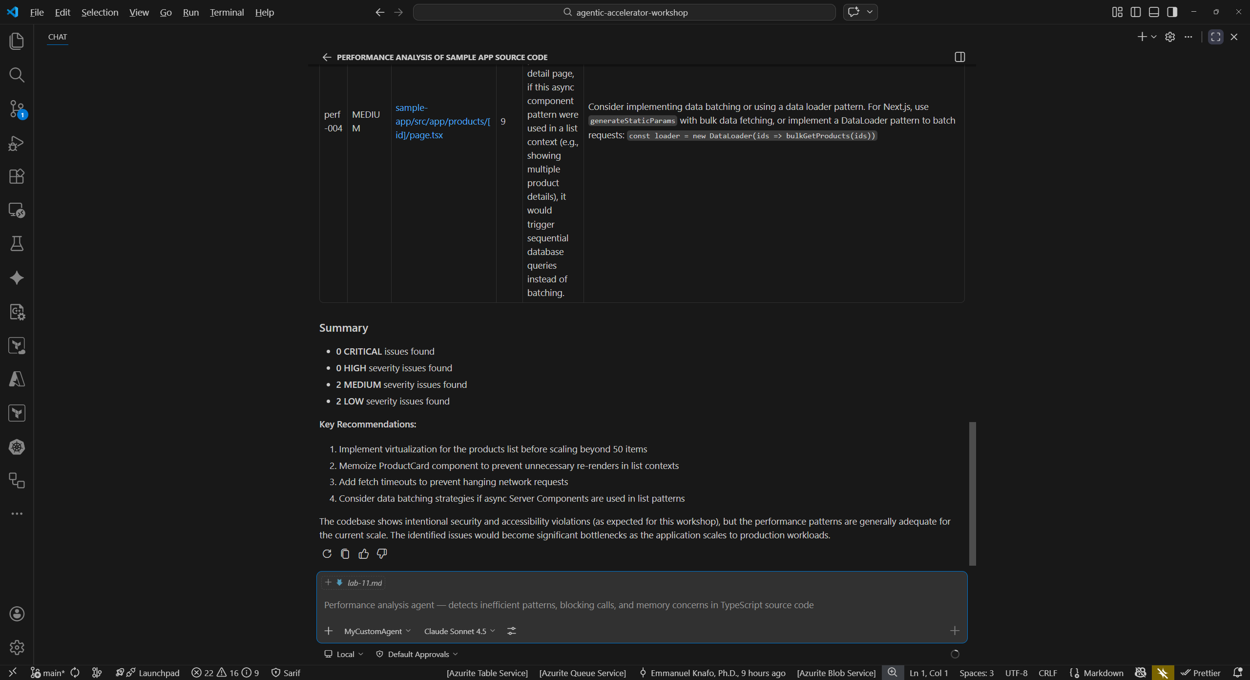 Custom agent output showing rule IDs, severity, and remediation