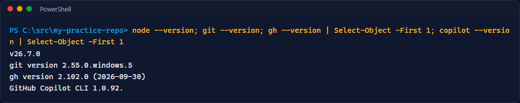 Fenêtre PowerShell montrant la commande qui affiche les versions de Node.js, Git, GitHub CLI et Copilot CLI, avec les quatre lignes de version en dessous
