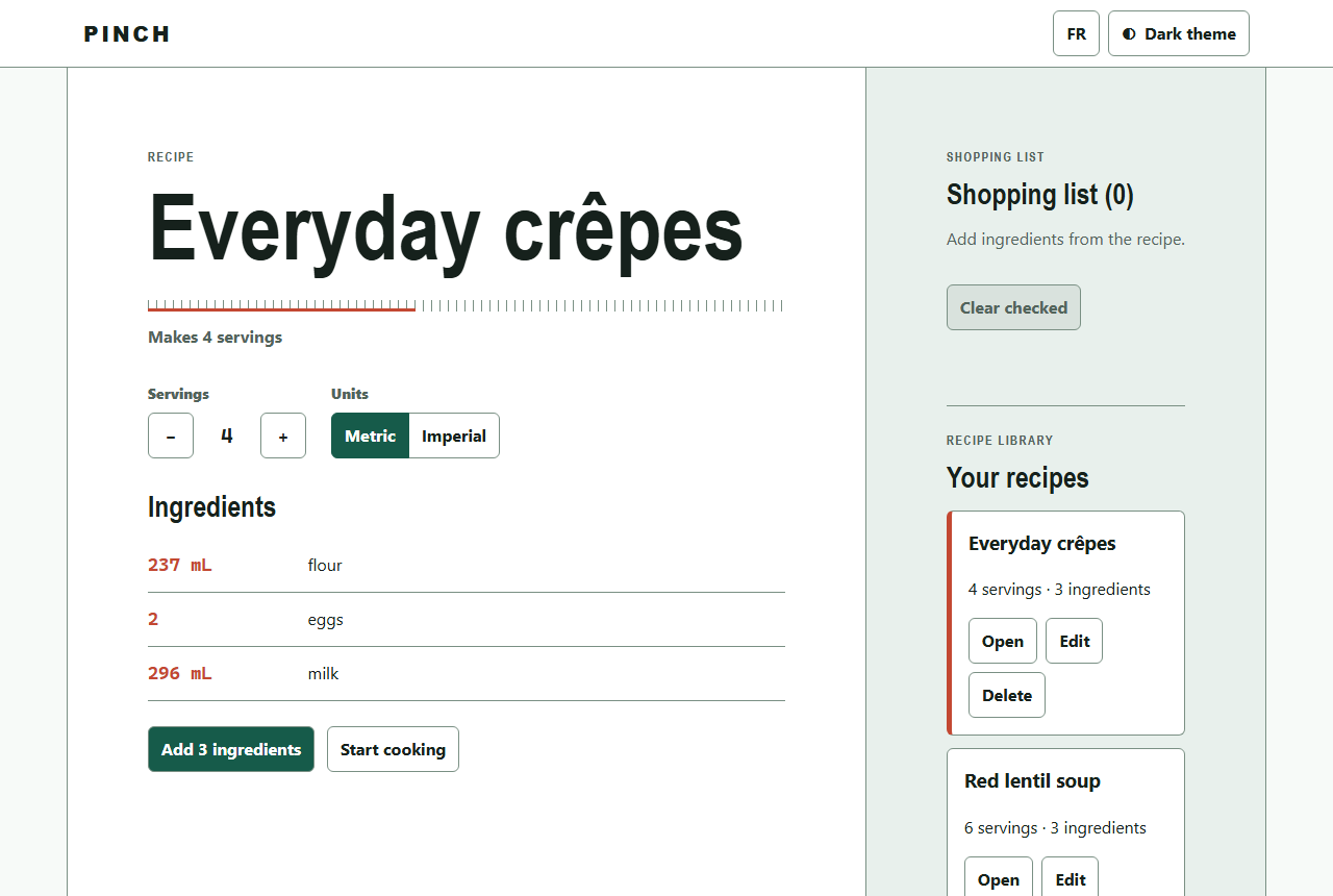 The live Pinch app showing the Everyday crêpes recipe for 4 servings with metric quantities, a shopping list panel and the recipe library