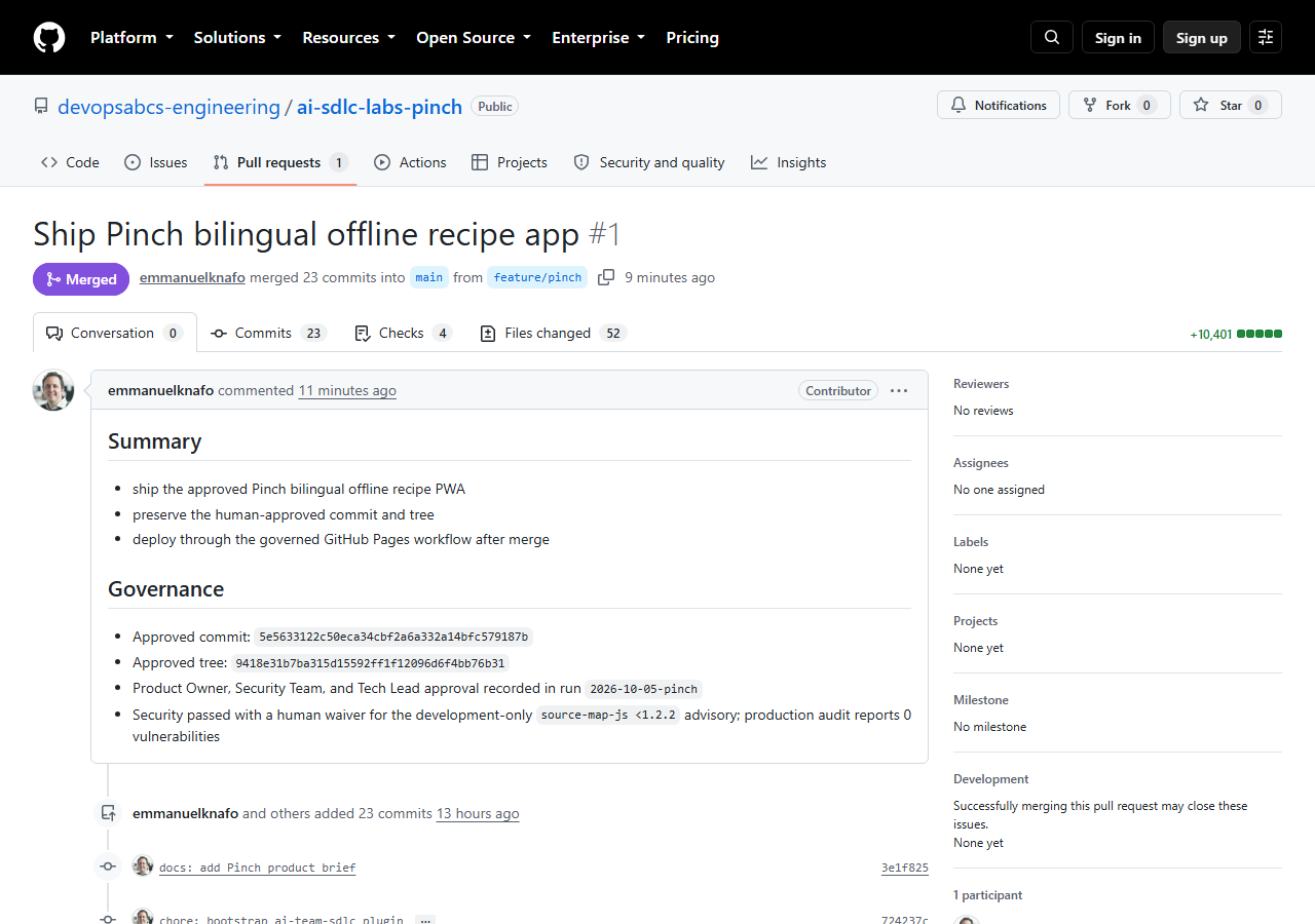 GitHub pull request 1, Ship Pinch bilingual offline recipe app, merged from feature/pinch into main, with a Governance section listing the approved commit and tree