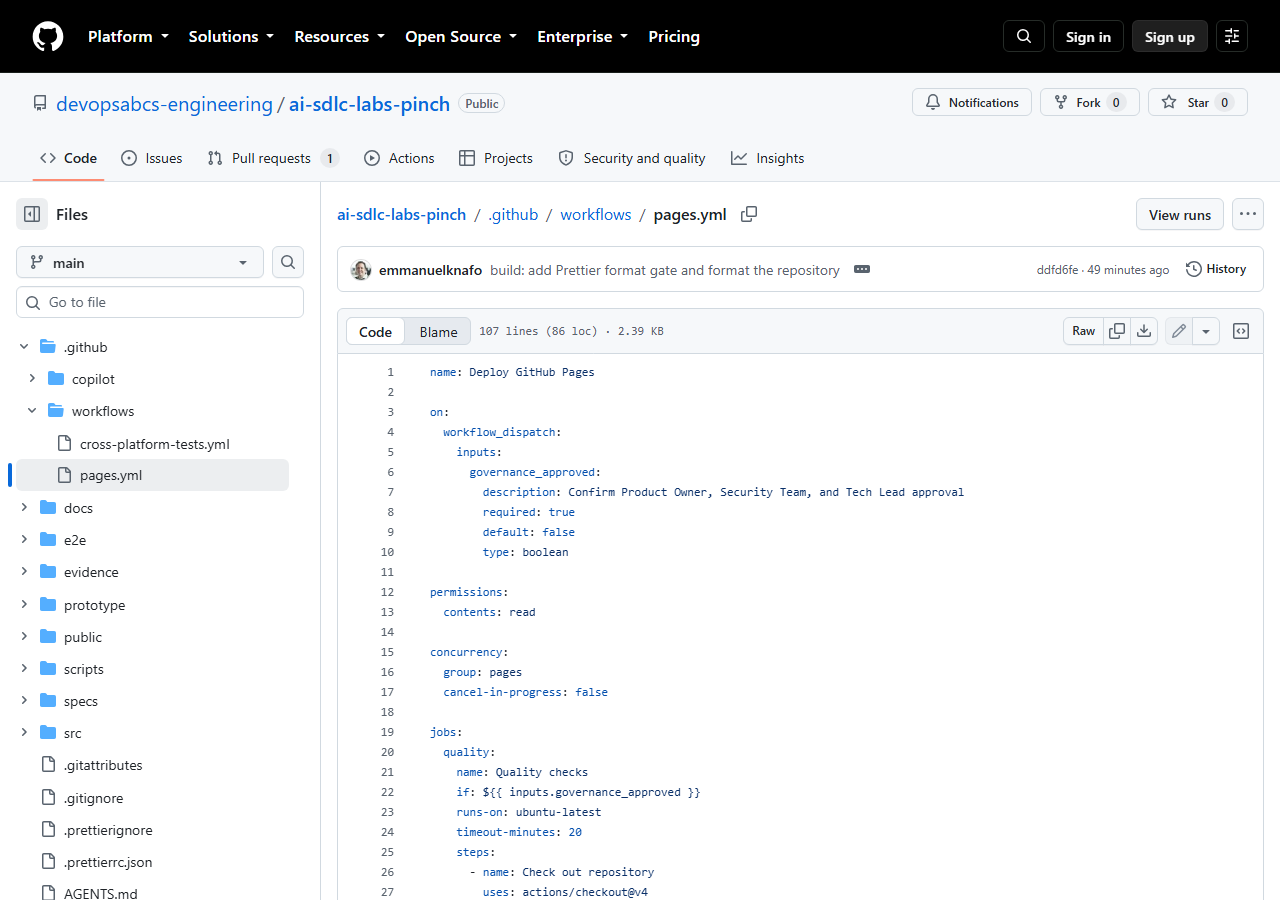 The pages.yml file in the GitHub code view, showing the workflow_dispatch trigger and the governance_approved boolean input