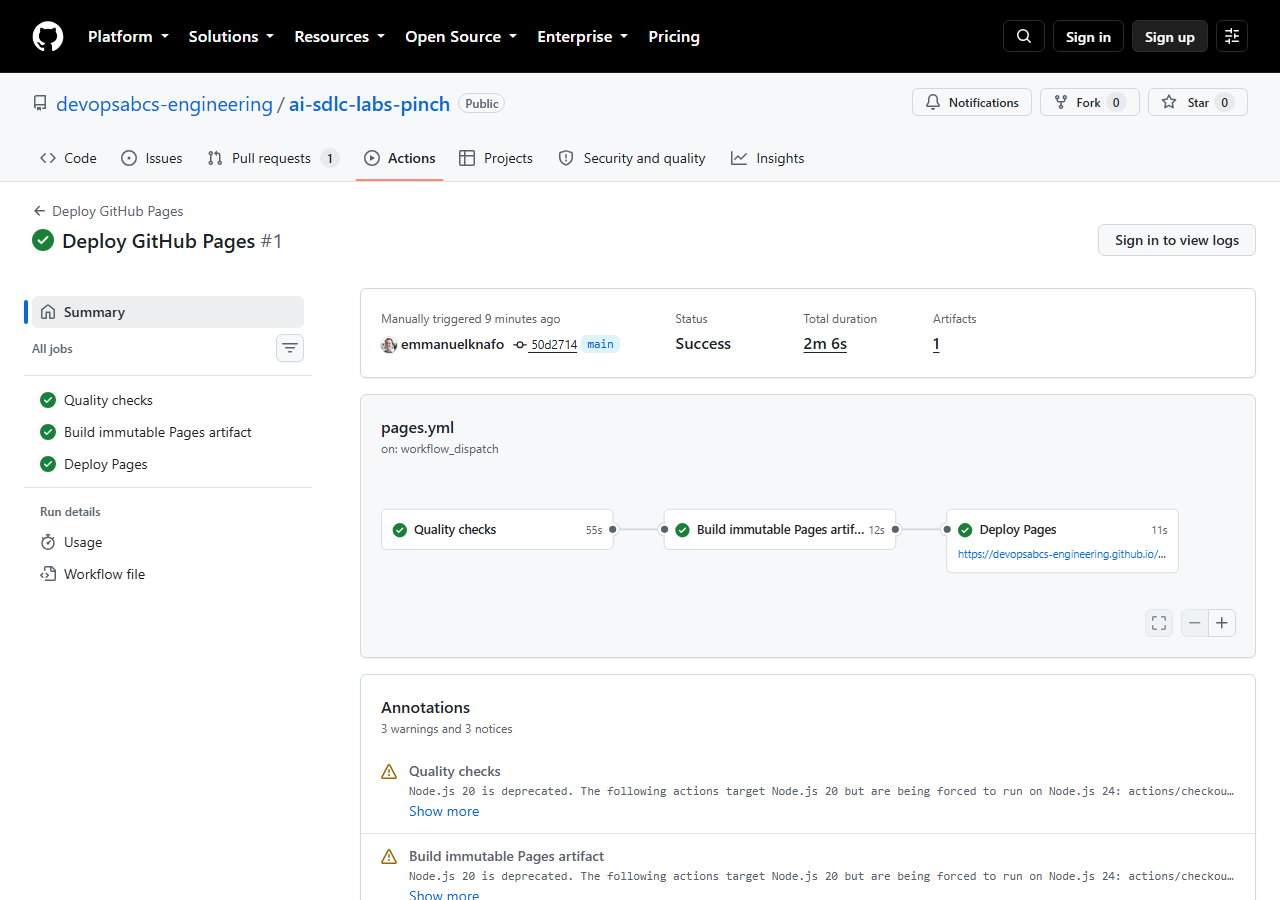 The successful Deploy GitHub Pages run with three green jobs: Quality checks, Build immutable Pages artifact and Deploy Pages, total duration 2 minutes 6 seconds