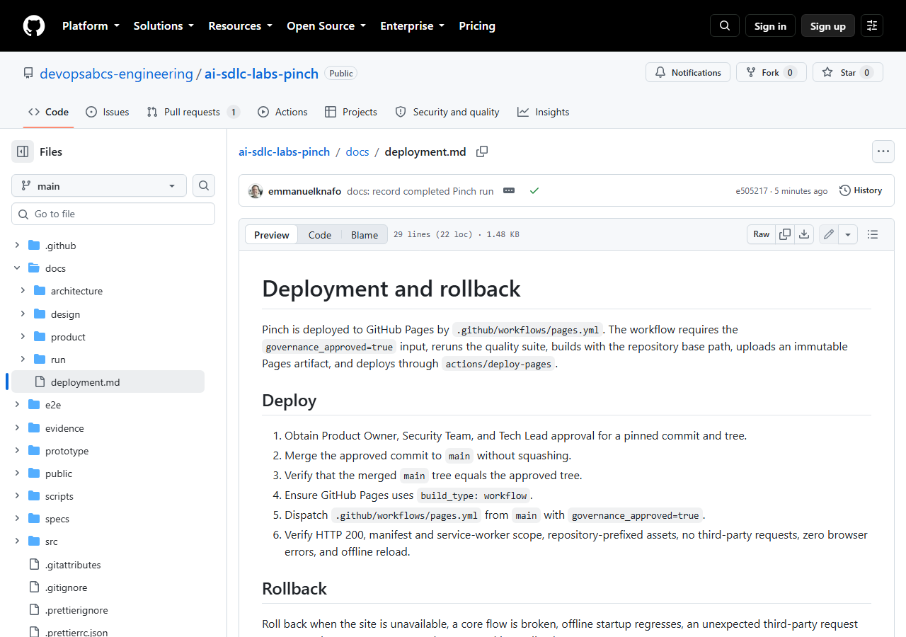 The docs/deployment.md page on GitHub with a Deploy list of six steps and the start of a Rollback section