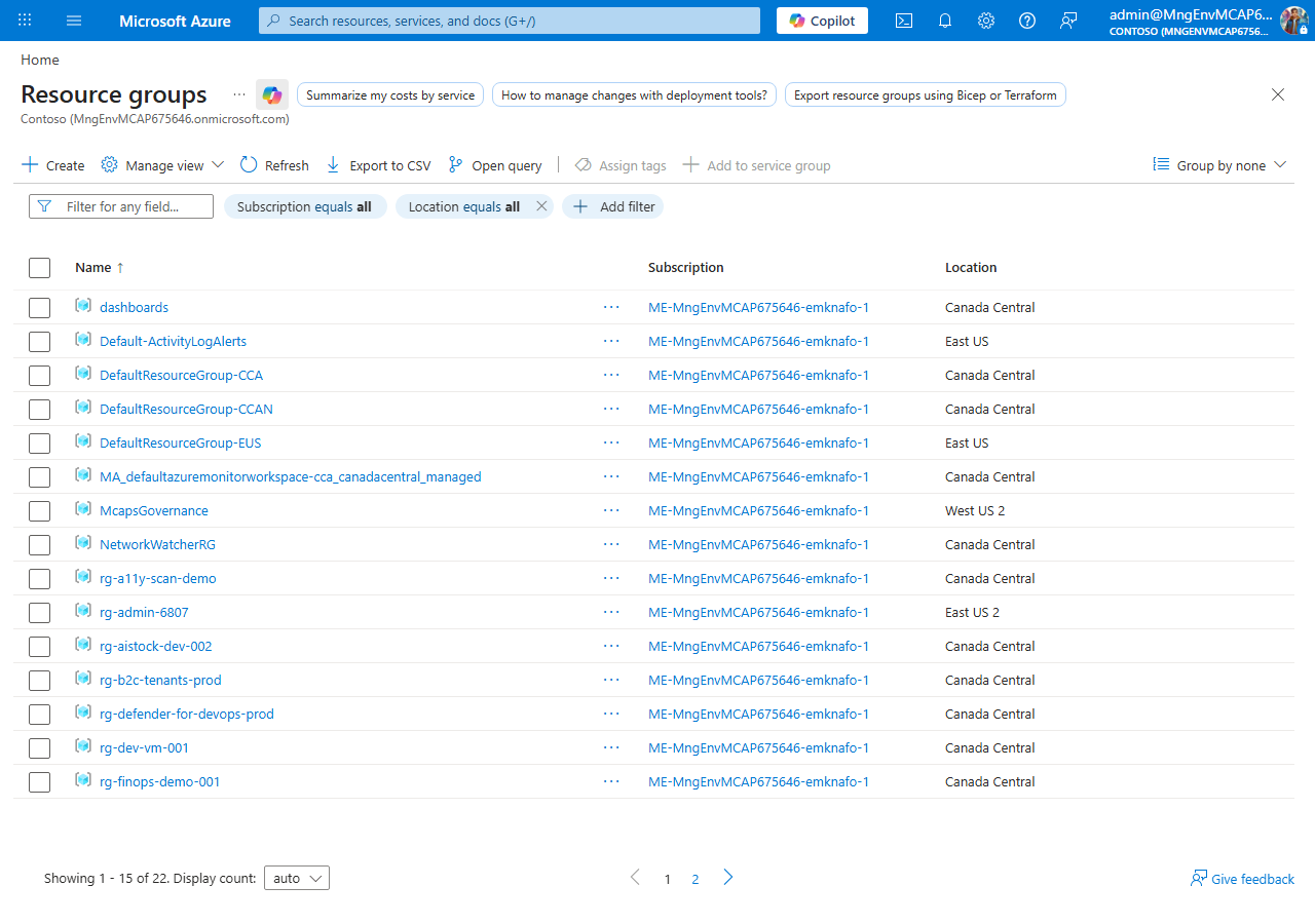 Azure Portal — resource group overview