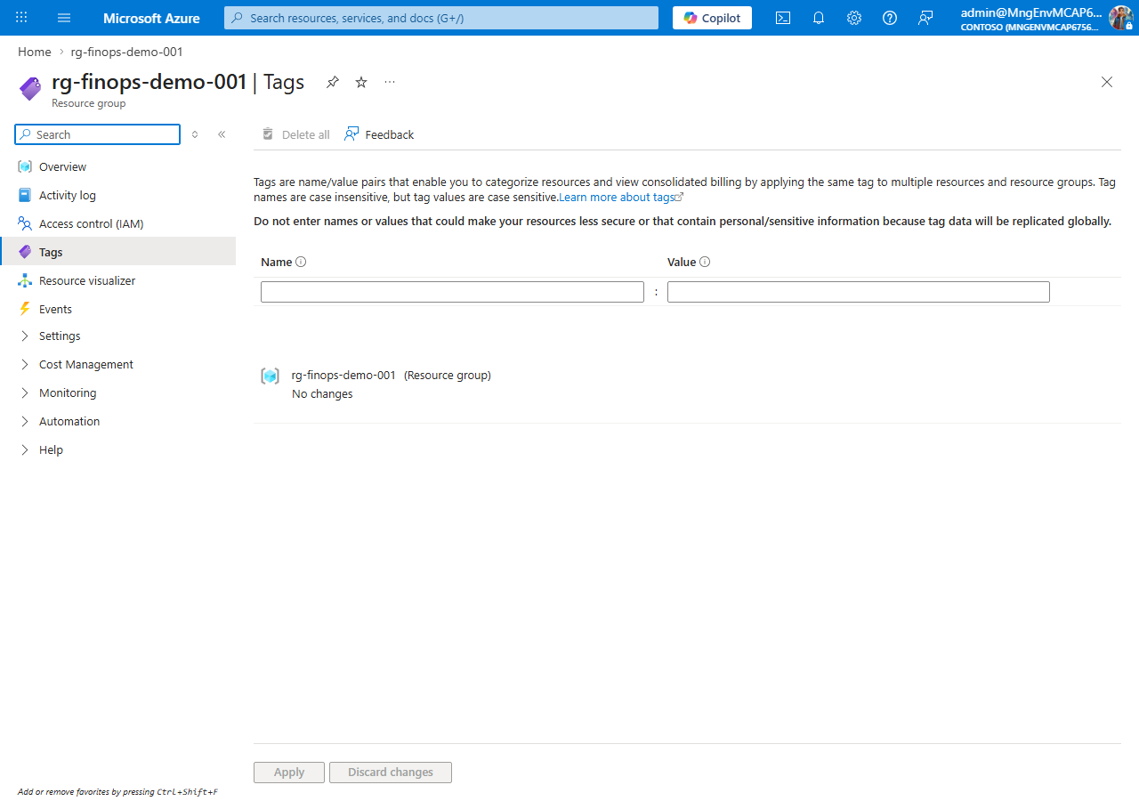Azure Portal — tags view
