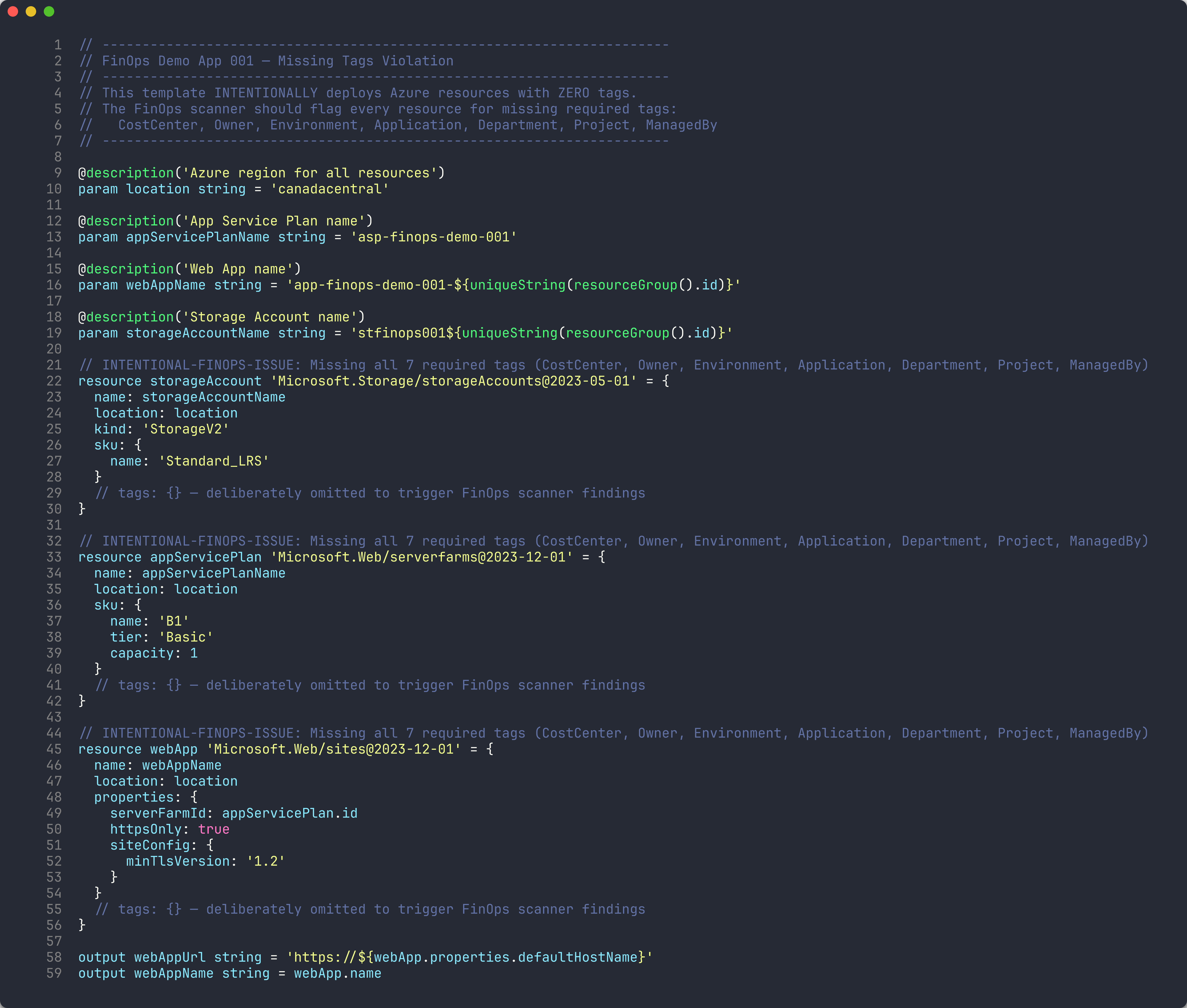 App 001 Bicep — missing tags