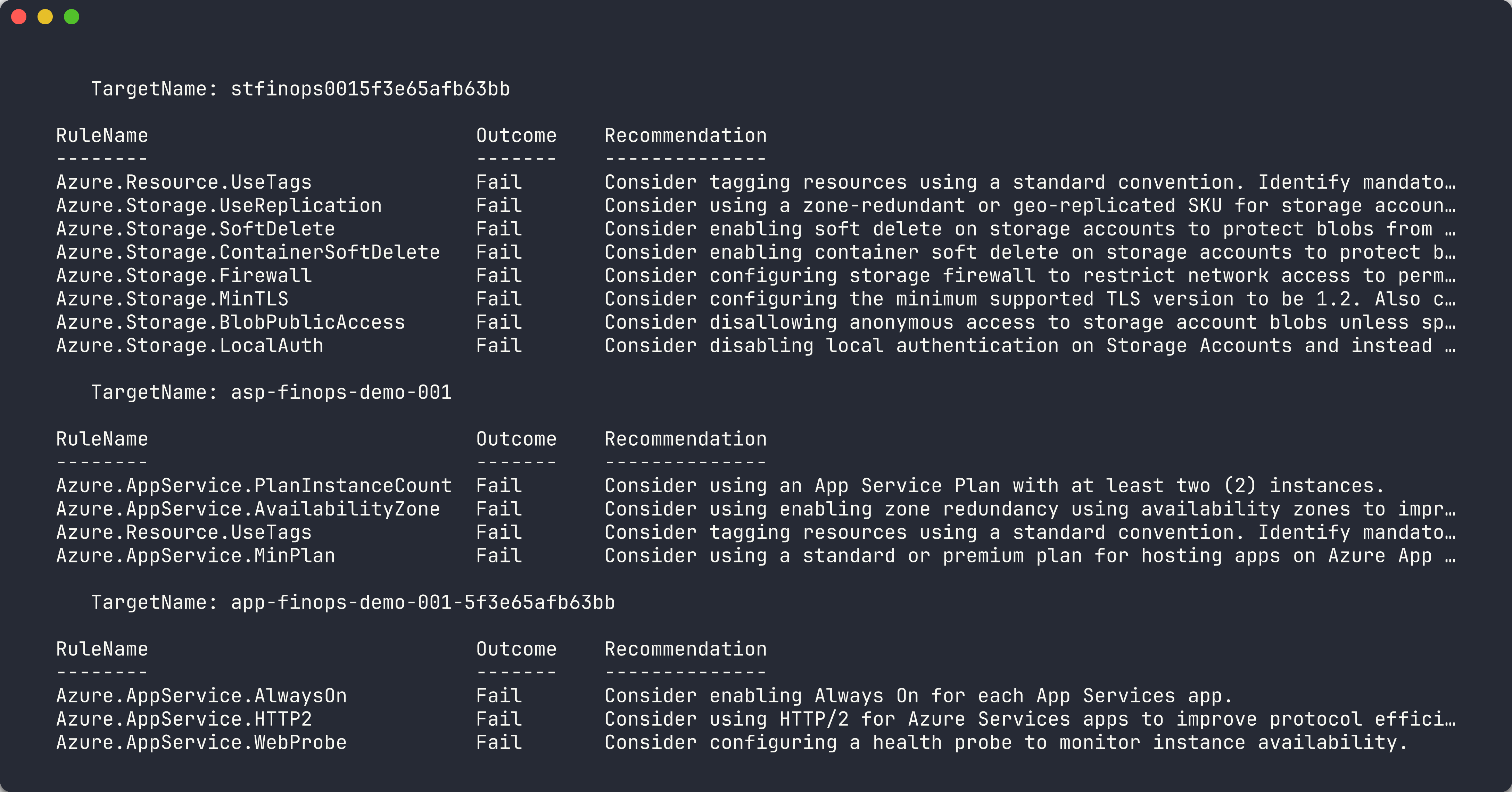 PSRule scan output for app 001