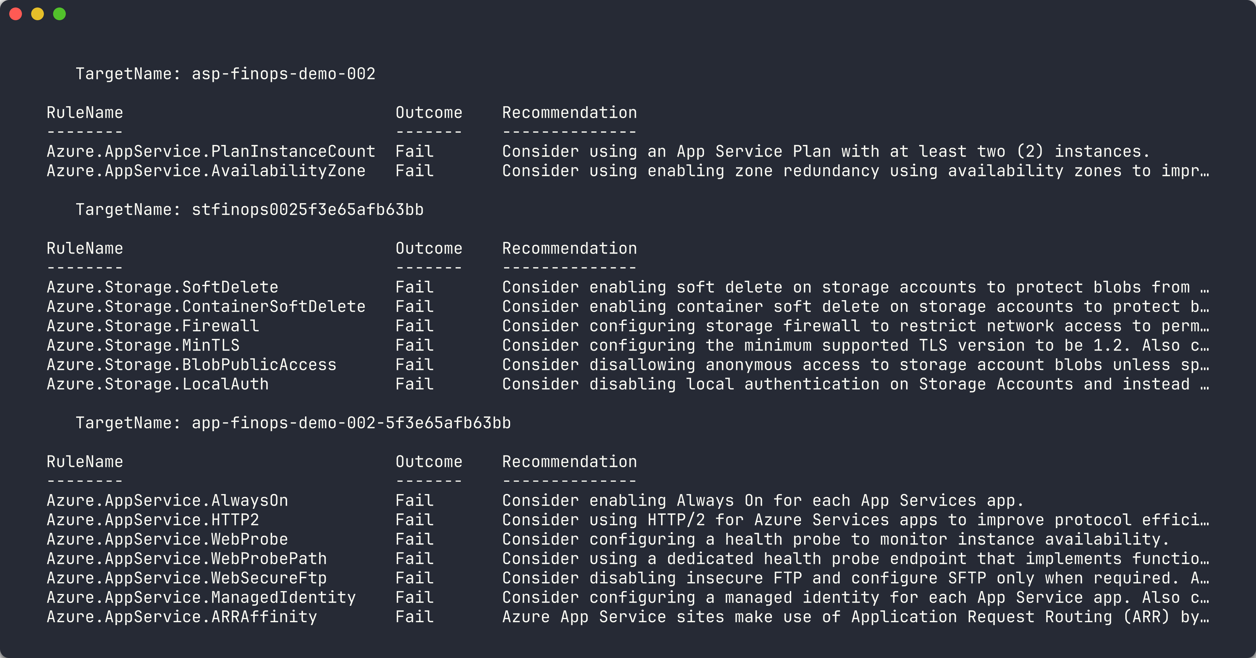 PSRule scan output for app 002
