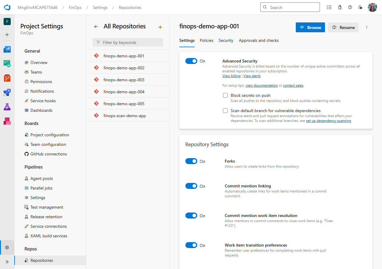 ADO Advanced Security Overview page