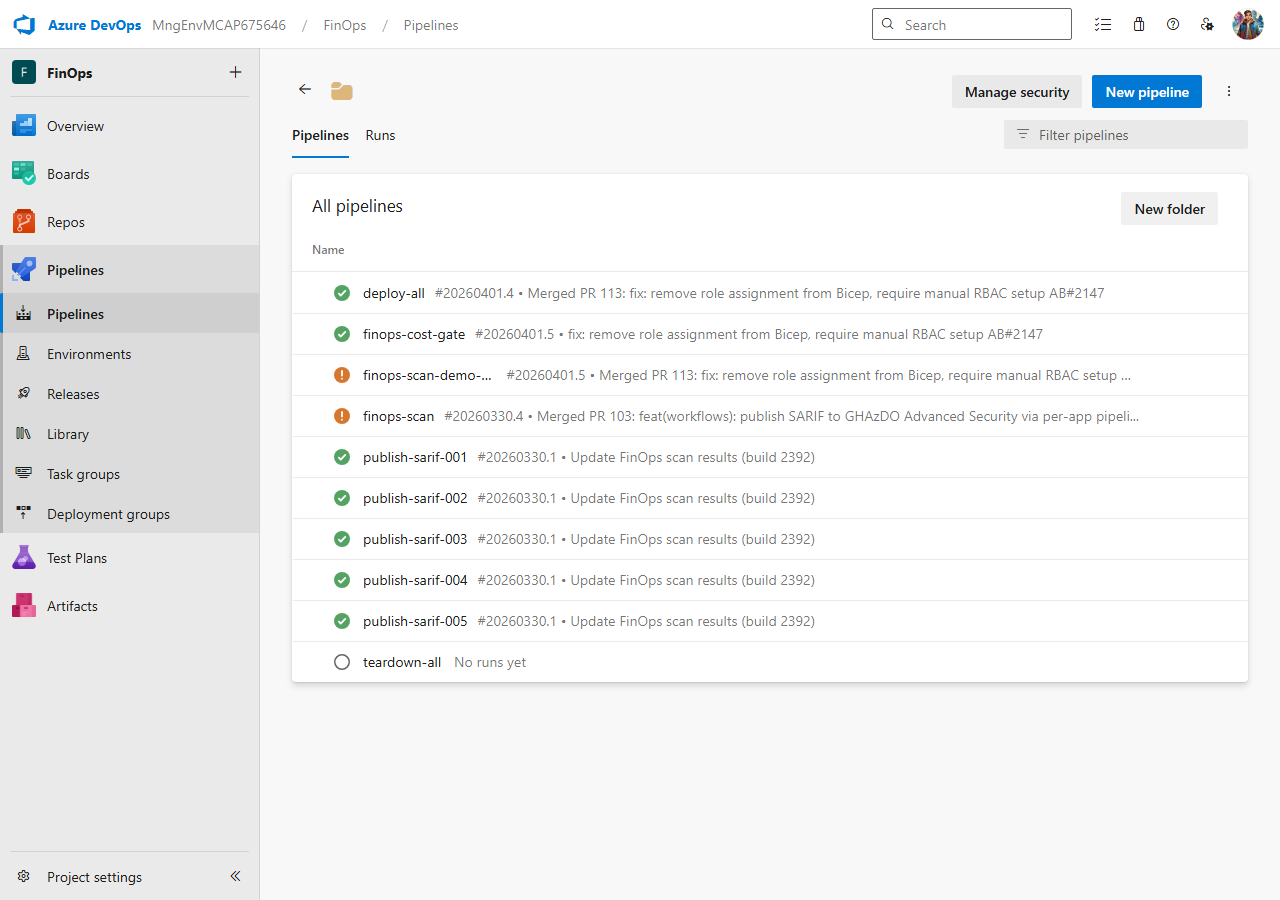 ADO deploy pipeline runs page