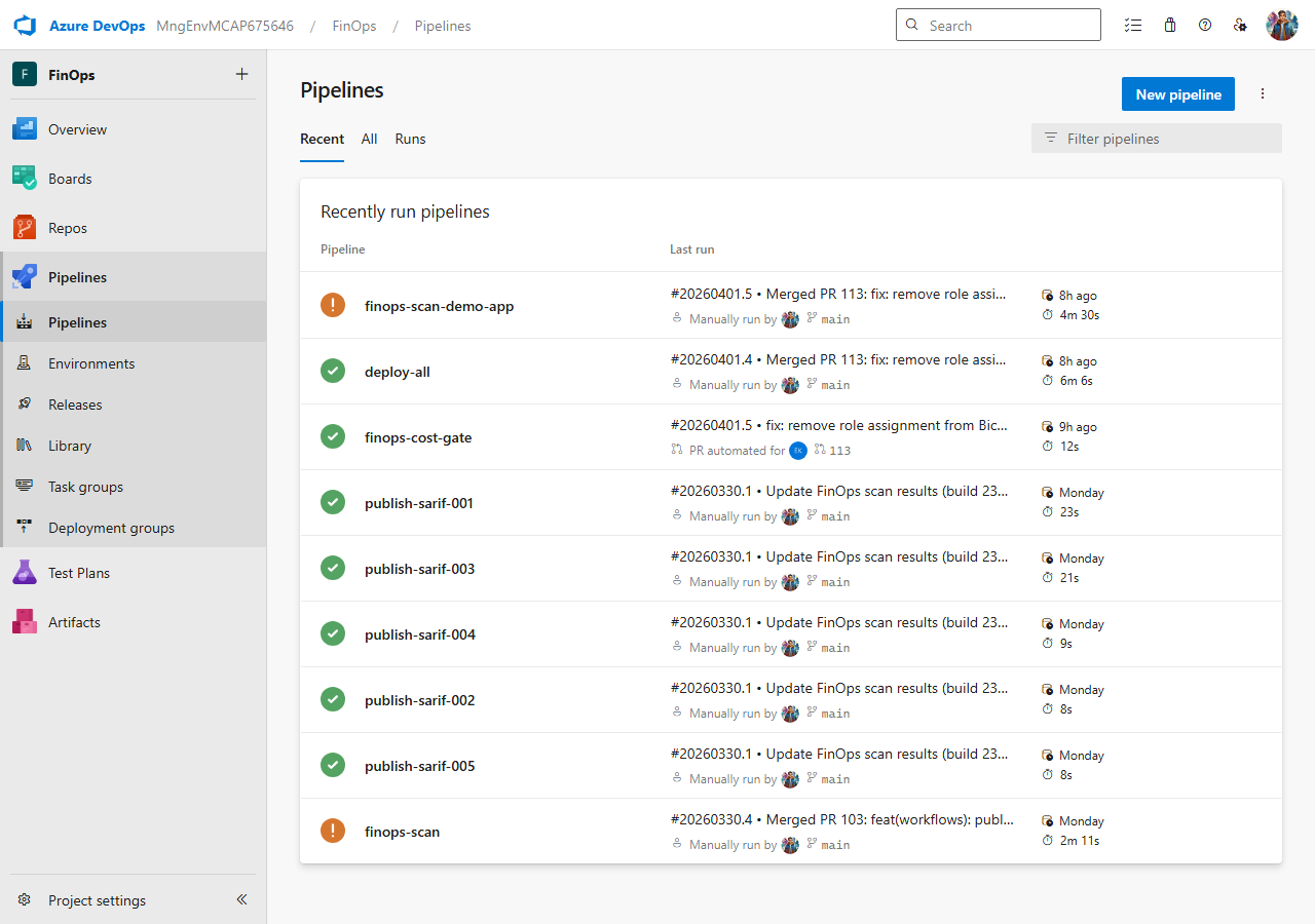 ADO pipeline runs page