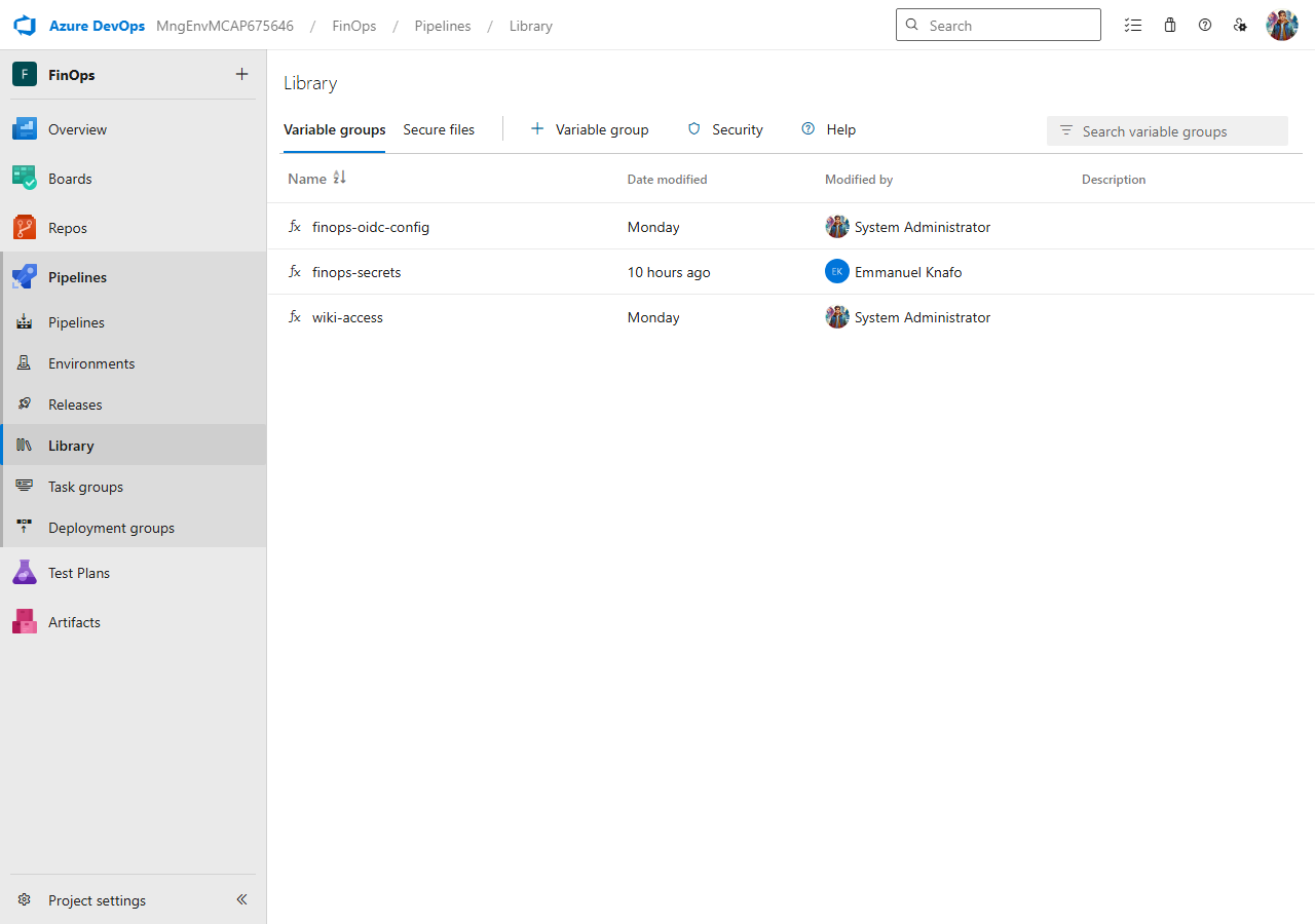 ADO variable groups page