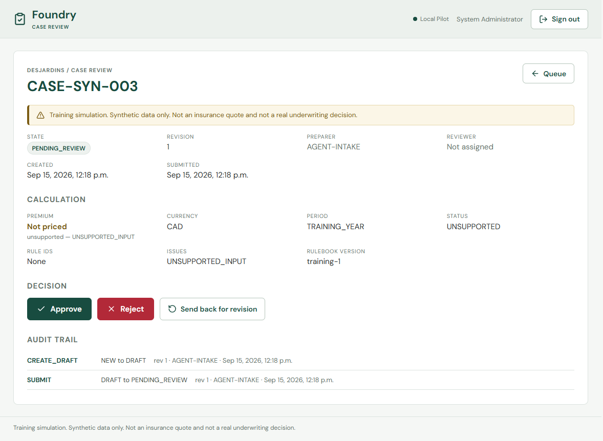 The detail view for CASE-SYN-003 showing Not priced with reason unsupported, a status of UNSUPPORTED, no rule ids, and an issue of UNSUPPORTED_INPUT