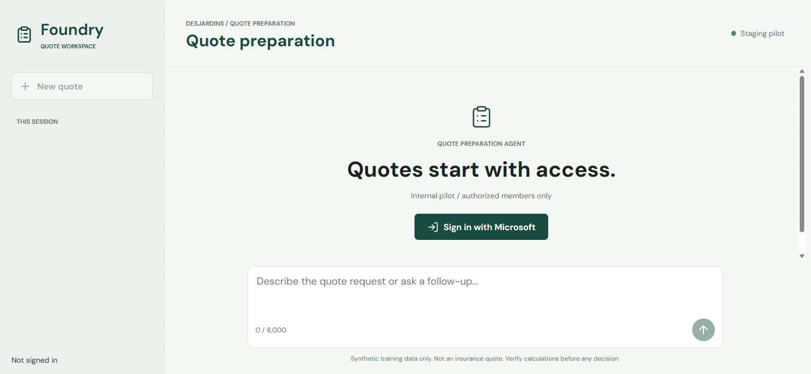 The applicant chat before sign-in, showing the heading "Quotes start with access.", a Sign in with Microsoft button, a disabled message box, and a synthetic-data disclaimer