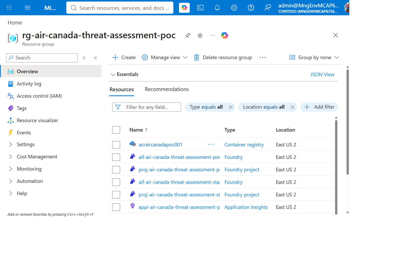 Azure resource group overview showing the Foundry account, Container Apps, Cosmos DB, and Container Registry