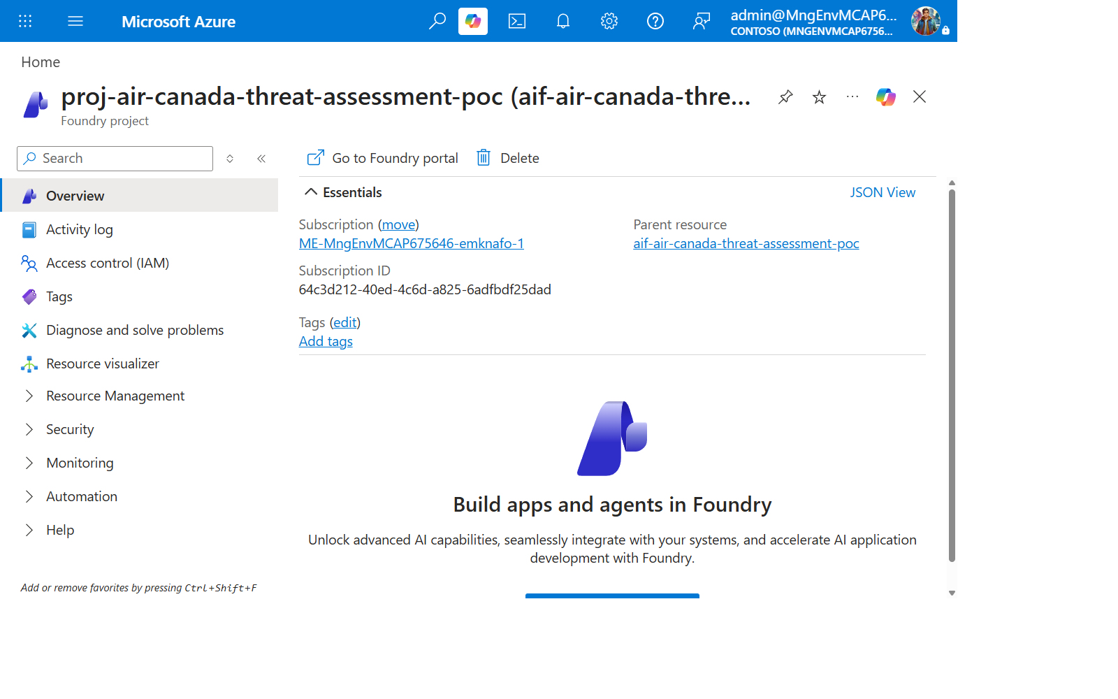 Foundry project overview in the Azure Portal