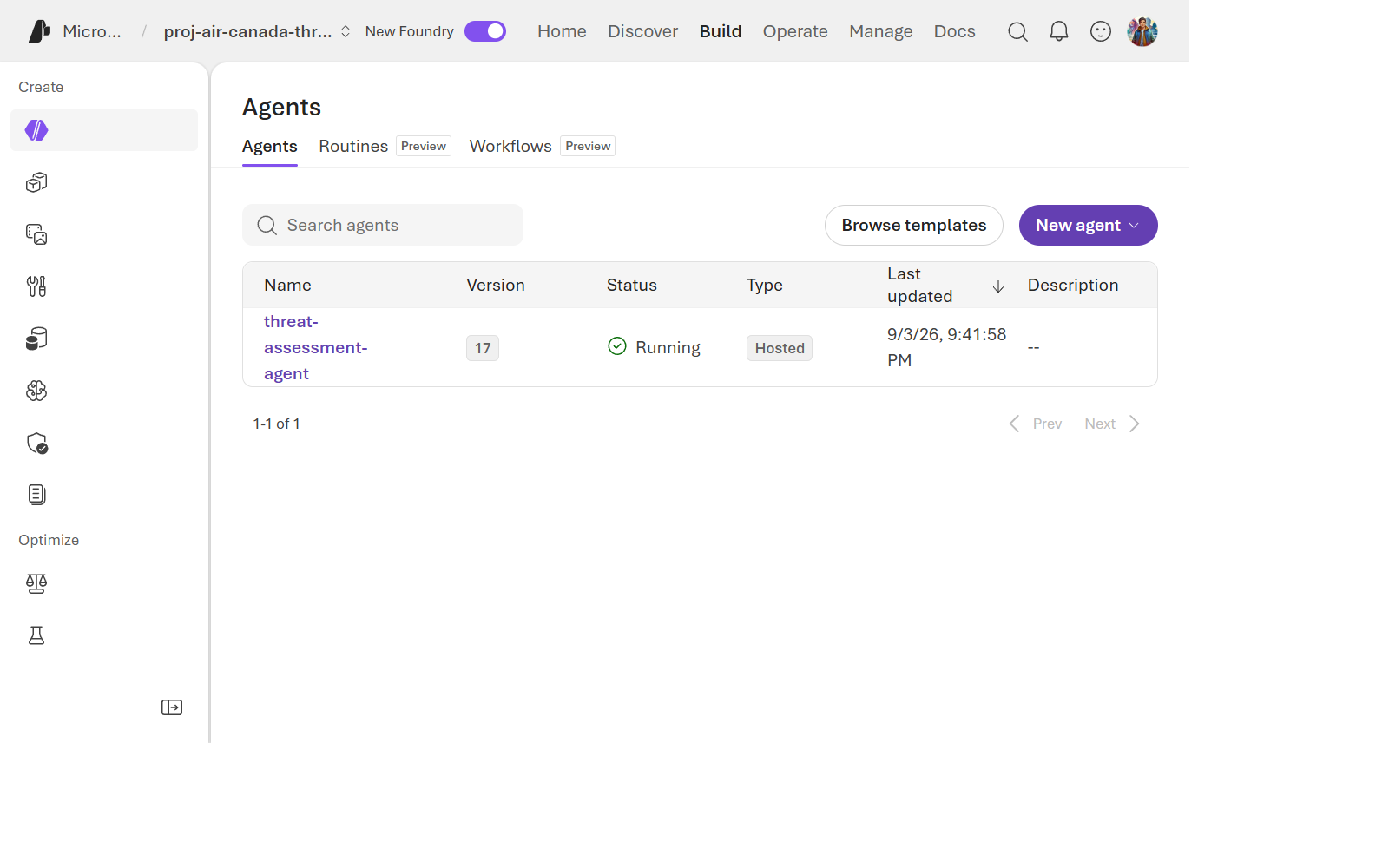 Foundry portal agents list showing the deployed threat-assessment-agent