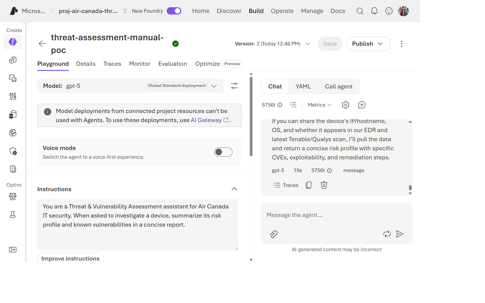 Manual agent chat succeeded where the hosted agent's own invoke path 401'd